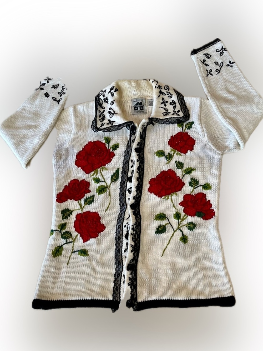 Storybook Knits White Cardigan Sweater Cardigan Red Rose Toile Embroidery SZ XS
